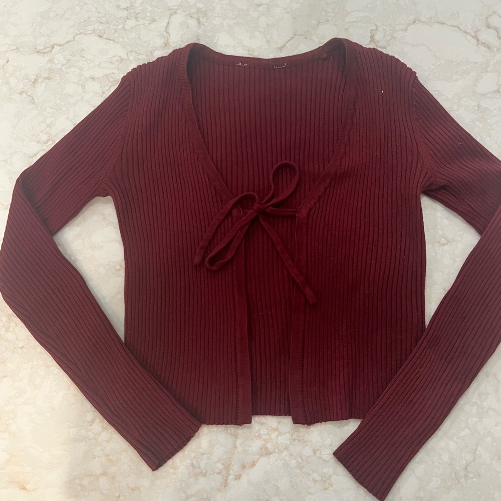 Burgundy Ribbed Tie-Front Cardigan